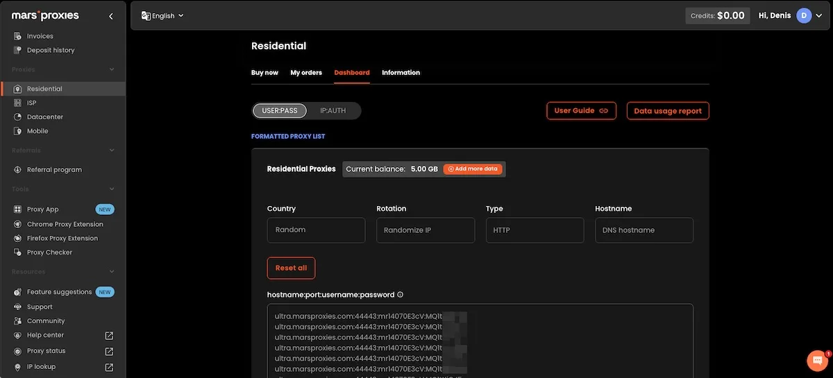 MarsProxies Dashboard