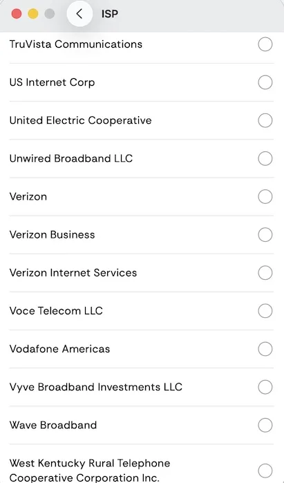 Filtro ISP della VPN Residenziale Nativa di CometVPN che mostra il targeting granulare per paese, regione, città e ISP