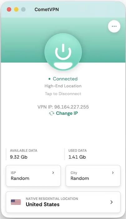 App CometVPN Native Residential VPN su Mac che mostra la selezione della posizione e l'interfaccia di connessione