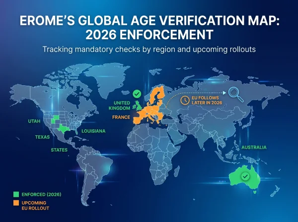 แผนที่ประเทศที่ Erome บังคับยืนยันอายุในปี 2026: สหราชอาณาจักร ออสเตรเลีย เท็กซัส ลุยเซียนา ยูทาห์ และการปล่อยใช้งานใน EU ที่กำลังมา