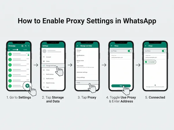 Capture d'écran mobile étape par étape montrant comment entrer les détails d'hôte et de port dans les paramètres de proxy de WhatsApp.