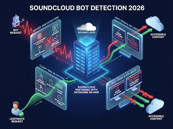 Schéma montrant les couches de détection de bots SoundCloud, y compris l'empreinte TLS JA3 et les vérifications de réputation IP DataDome.
