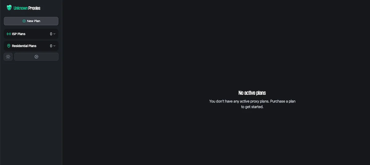 Dashboard di Unknown Proxies con le sezioni dei piani ISP e residenziali