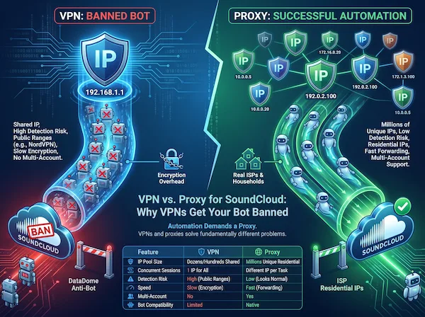 Tableau comparatif VPN vs proxy pour l'automatisation SoundCloud montrant la taille du pool IP et le risque de détection.