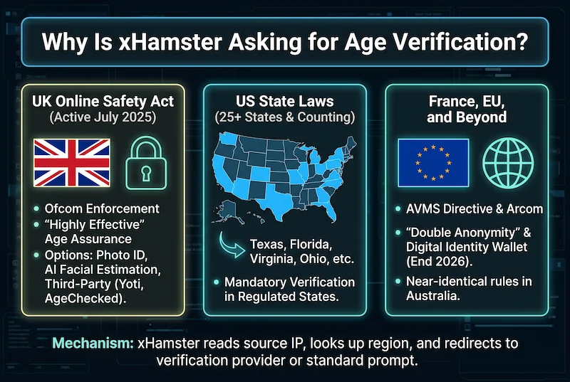 Infografik zu den xHamster-Altersverifizierungsgesetzen und der Mindestaltervorgabe von 18 Jahren für 2026.