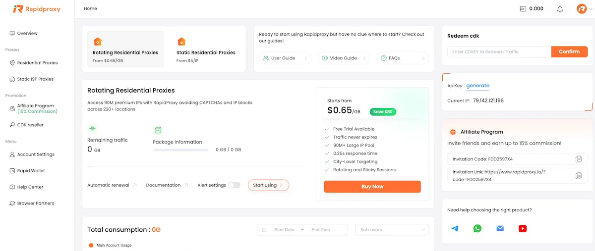 RapidProxy dashboard showing rotating residential proxies, remaining traffic, API key, CDK redemption and affiliate program with up to 15% commission