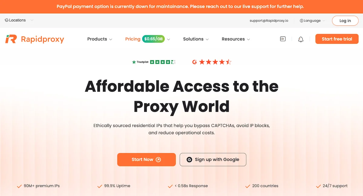 RapidProxy homepage with 90M+ premium residential IPs, 99.9% uptime, under 0.58s response and 200 country coverage